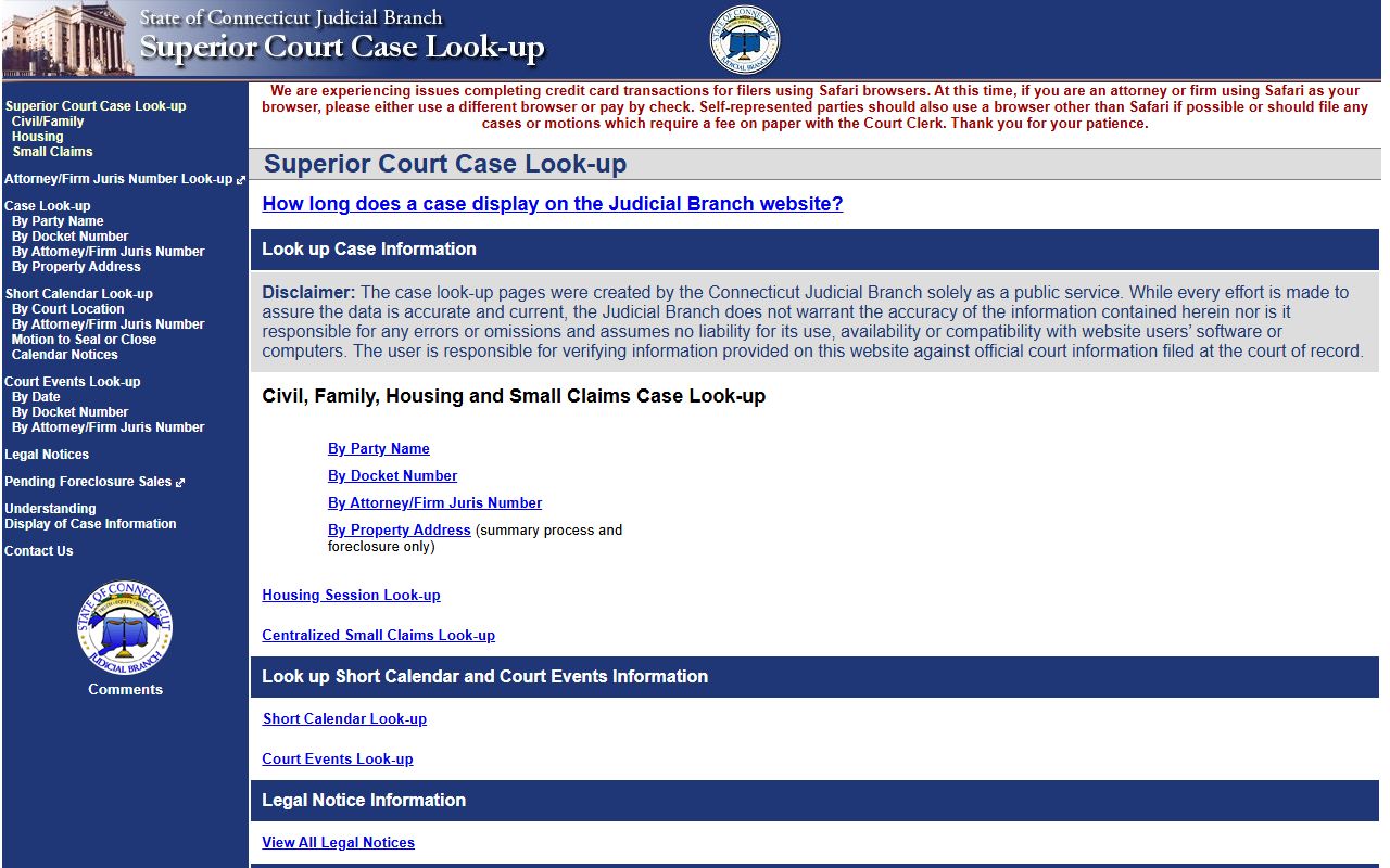 Connecticut civil case lookup database search interface