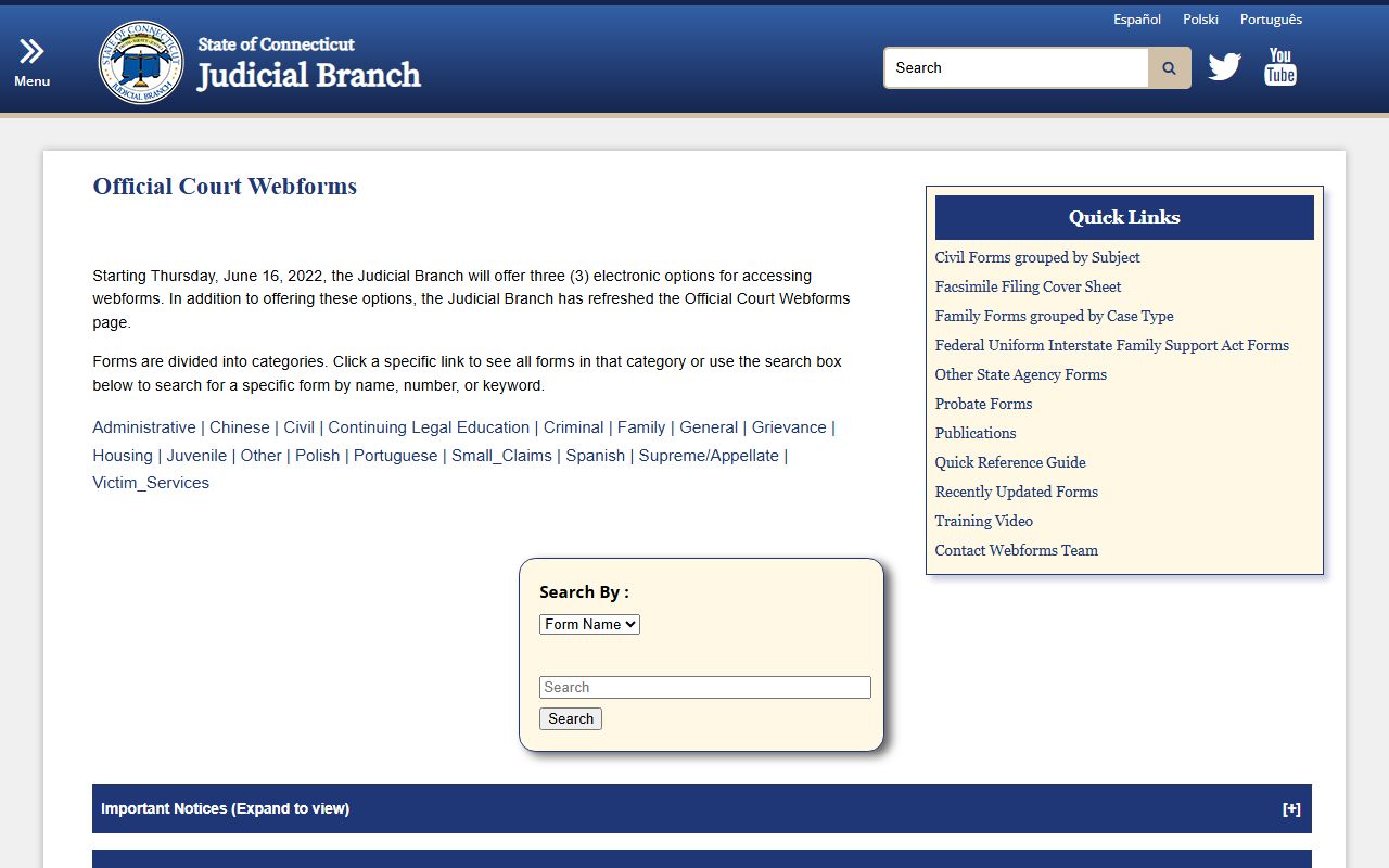 Connecticut court forms directory for civil cases