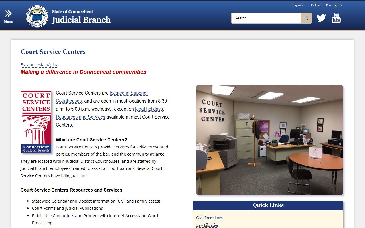 Connecticut Court Service Centers providing civil court assistance