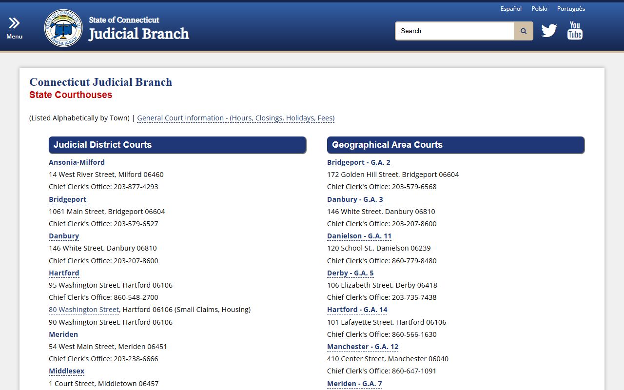 Connecticut courthouse directory showing Superior Court locations